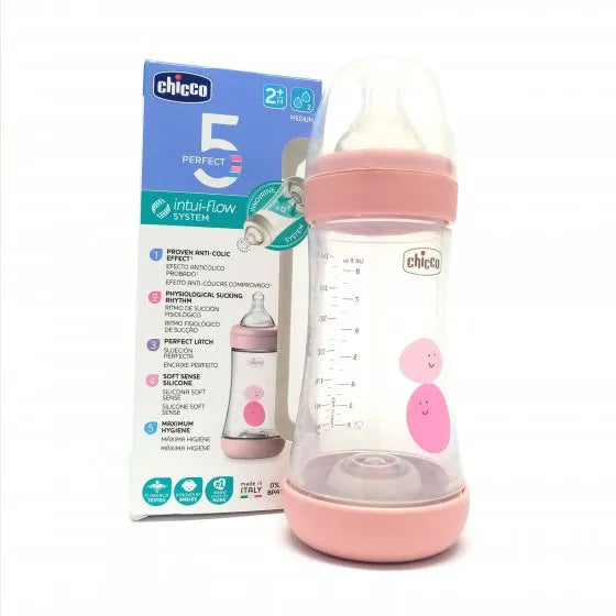 Chicco Perfect5 Pink Baby Bottle 240ml Medium Silicone